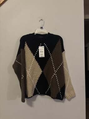 ZARA Oversized Diamond Argyle Knit Jumper Sweater Black/Ecru